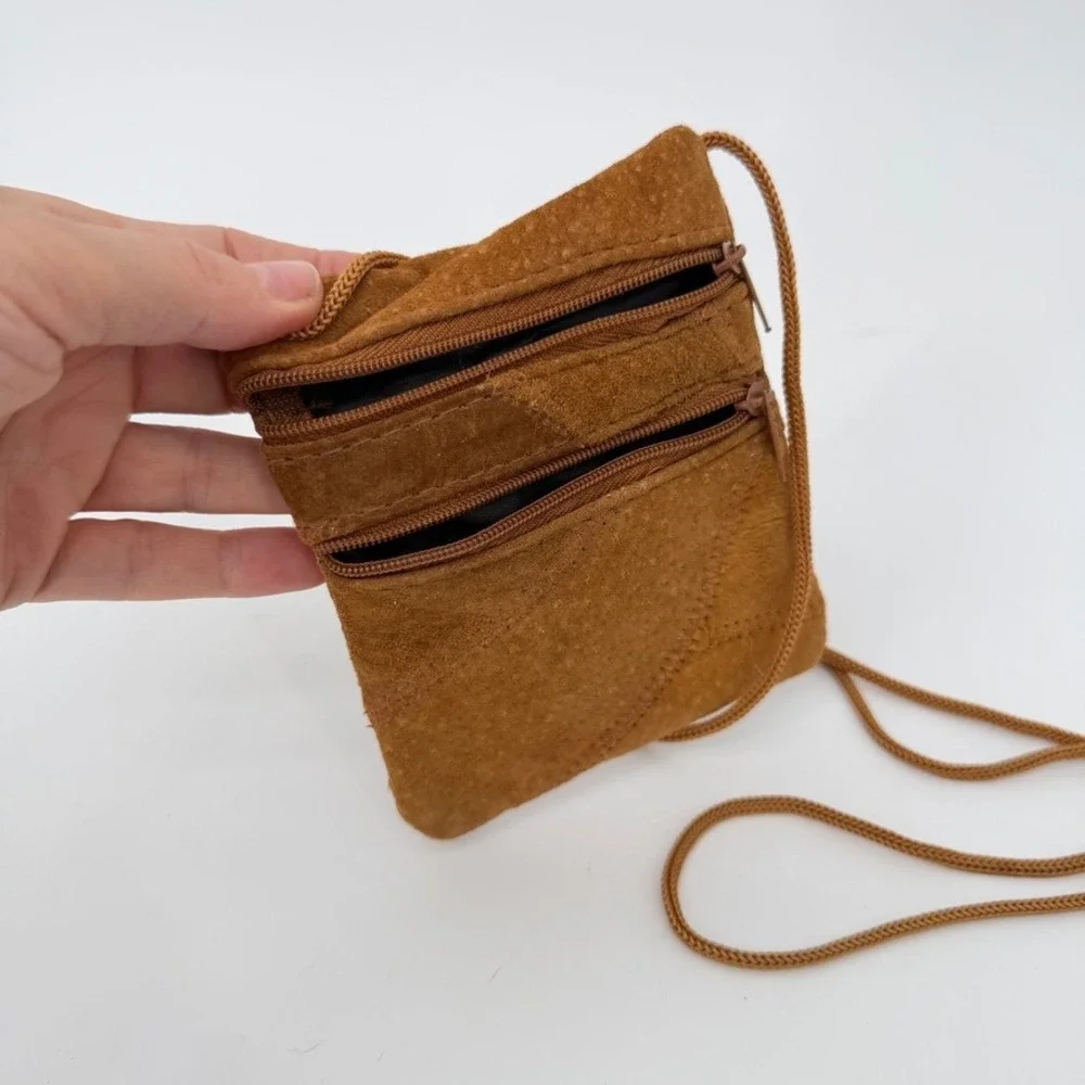 100% Suede Leather Crossbody Bag‎ Patchwork Look Brown Mini Boho Festival Purse